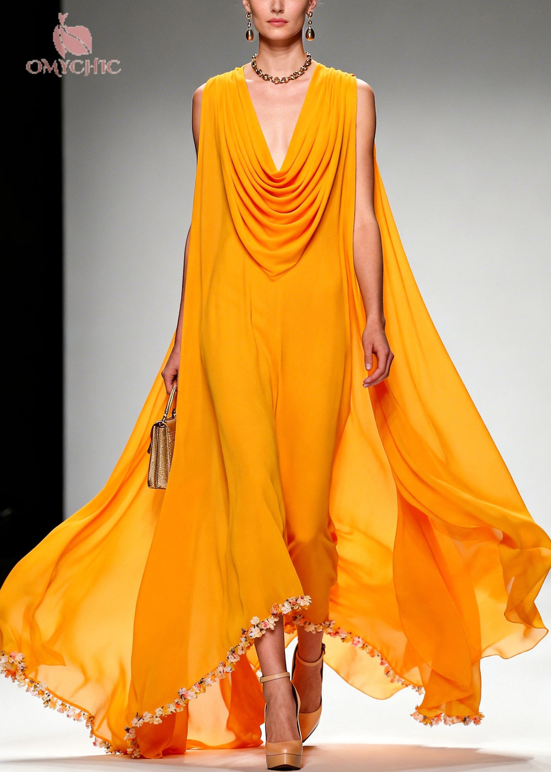 Boho Orange Turtle Neck Exra Large Hem Chiffon Maxi Dress Summer