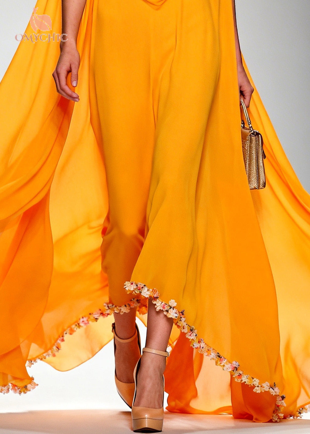 Boho Orange Turtle Neck Exra Large Hem Chiffon Maxi Dress Summer
