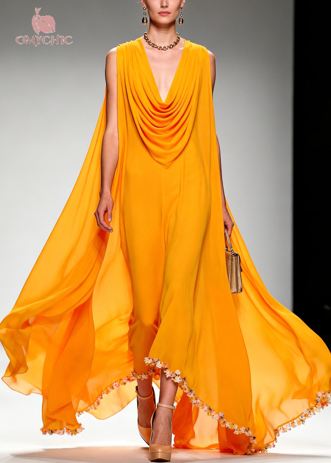Boho Orange Turtle Neck Exra Large Hem Chiffon Maxi Dress Summer