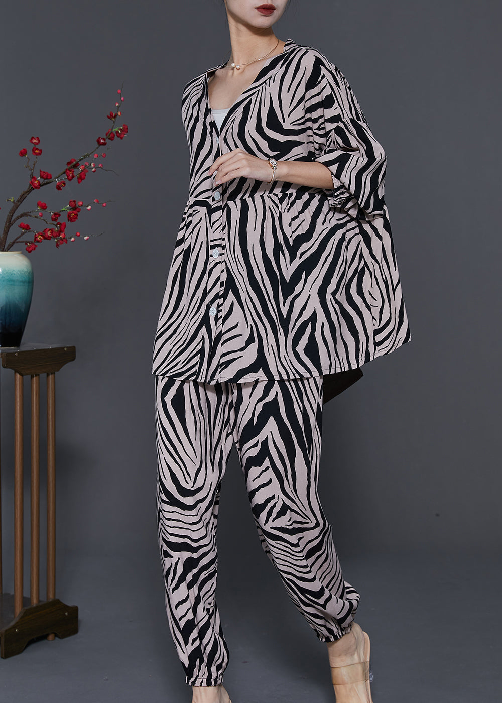 Boho Oversized Zebra Pattern Cotton Two Pieces Set Spring