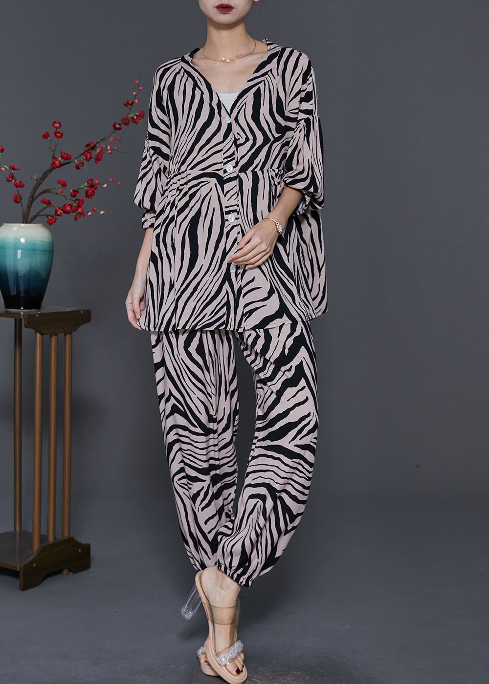 Boho Oversized Zebra Pattern Cotton Two Pieces Set Spring