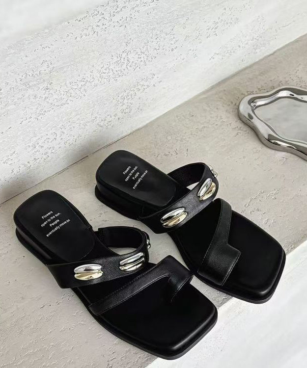 Boho Peep Toe Black Faux Leather Sandals For Women