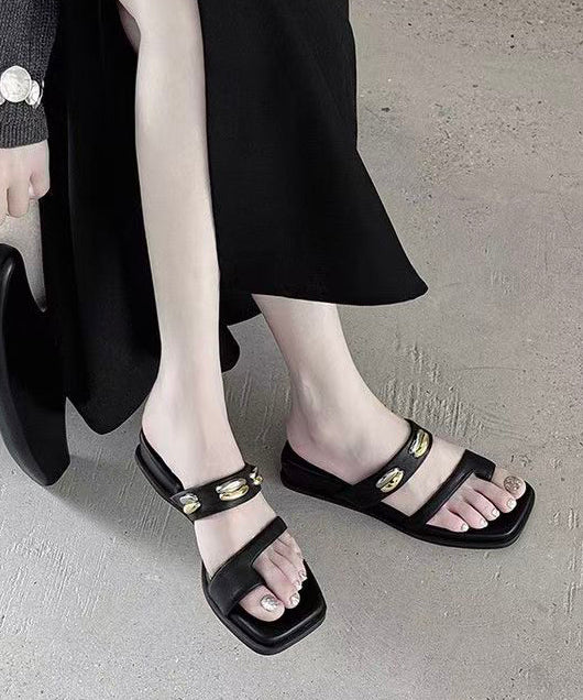Boho Peep Toe Black Faux Leather Sandals For Women