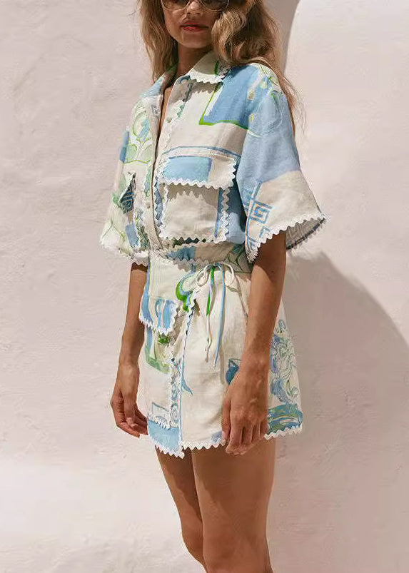 Boho Peter Pan Collar Print Lace Up Cotton Two Piece Set Summer