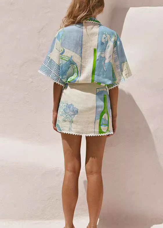 Boho Peter Pan Collar Print Lace Up Cotton Two Piece Set Summer
