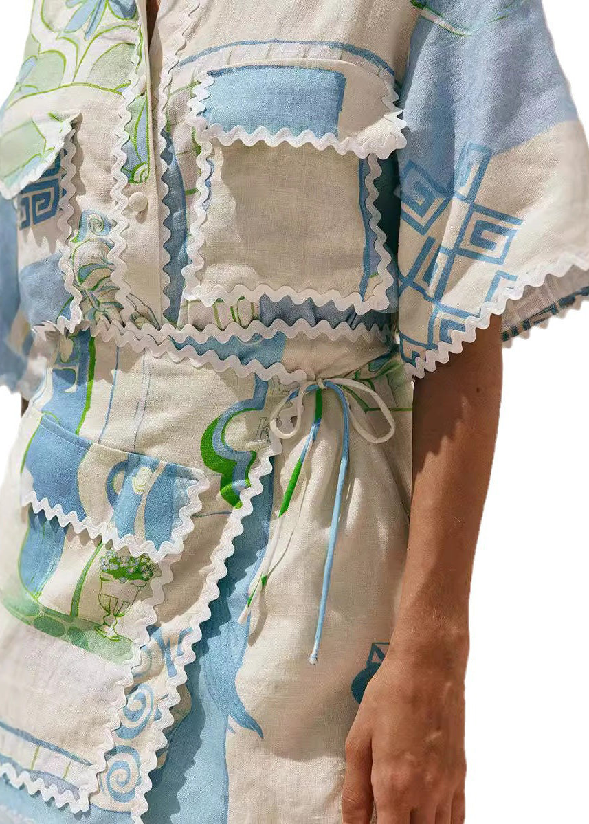 Boho Peter Pan Collar Print Lace Up Cotton Two Piece Set Summer