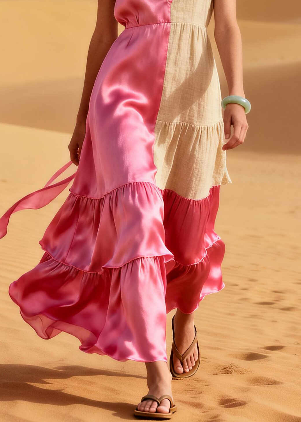 Boho Pink Asymmetrical Patchwork Silk Vacation Dresses Summer