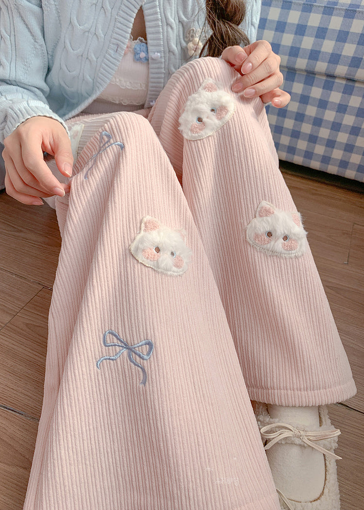 Boho Pink Embroidered Cat Decorated Warm Fleece Pants Winter