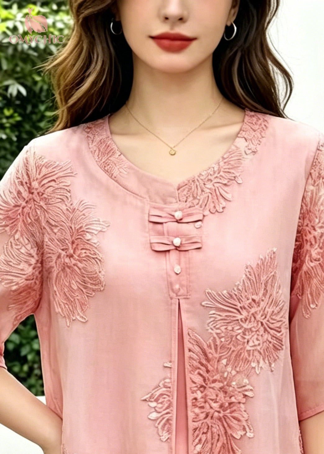 Boho Pink Embroidered Chinese Button Silk Blouse Top Summer