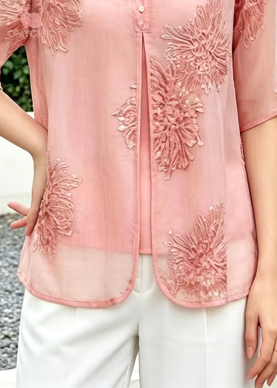 Boho Pink Embroidered Chinese Button Silk Blouse Top Summer