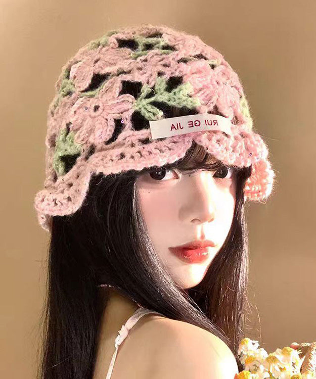 Boho Pink Flower Hollow Thin Knitted Boonie Hat
