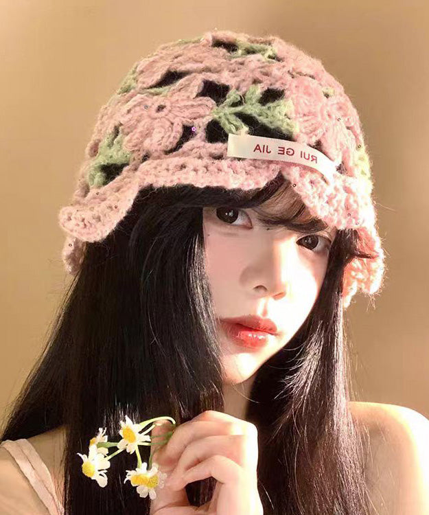 Boho Pink Flower Hollow Thin Knitted Boonie Hat