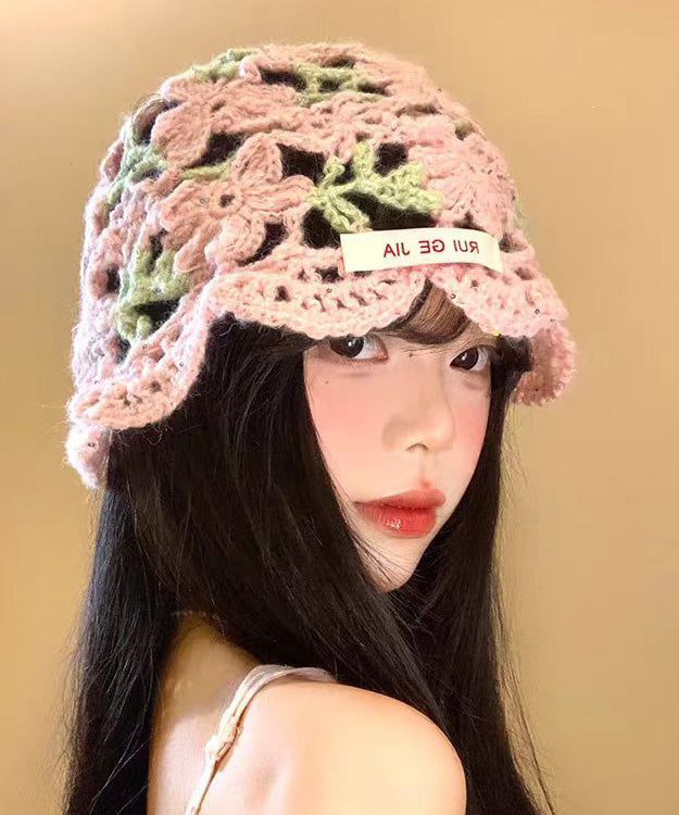 Boho Pink Flower Hollow Thin Knitted Boonie Hat