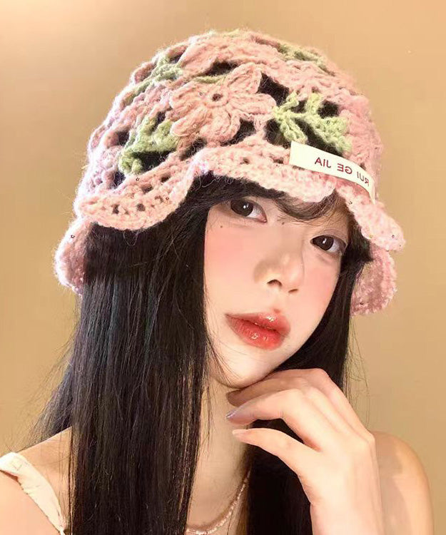 Boho Pink Flower Hollow Thin Knitted Boonie Hat