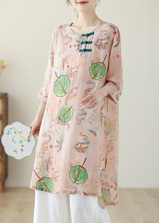 Boho Pink O Neck Print Chinese Button Cotton Mid Dress Summer - Omychic