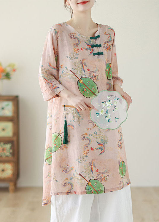 Boho Pink O Neck Print Chinese Button Cotton Mid Dress Summer - Omychic