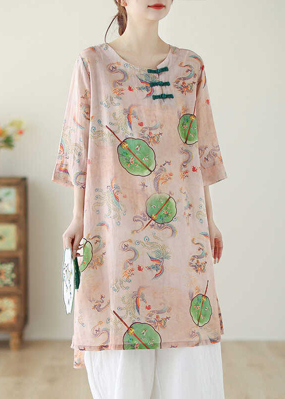 Boho Pink O Neck Print Chinese Button Cotton Mid Dress Summer - Omychic
