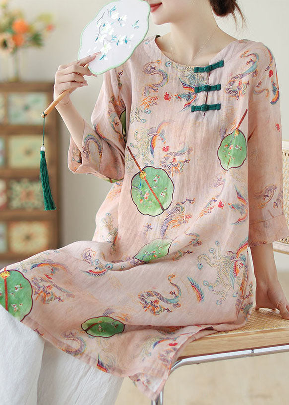 Boho Pink O Neck Print Chinese Button Cotton Mid Dress Summer - Omychic