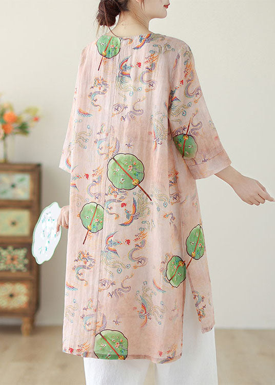 Boho Pink O Neck Print Chinese Button Cotton Mid Dress Summer - Omychic