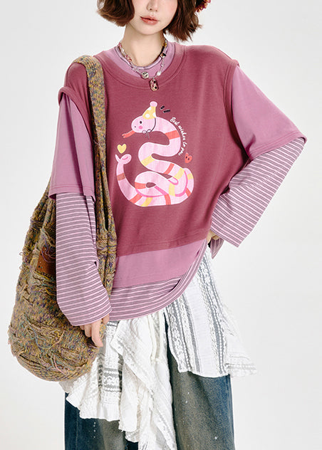 Boho Pink Oversized Patchwork Print Cotton Fake Two Piece Sweatshirts Top Spring