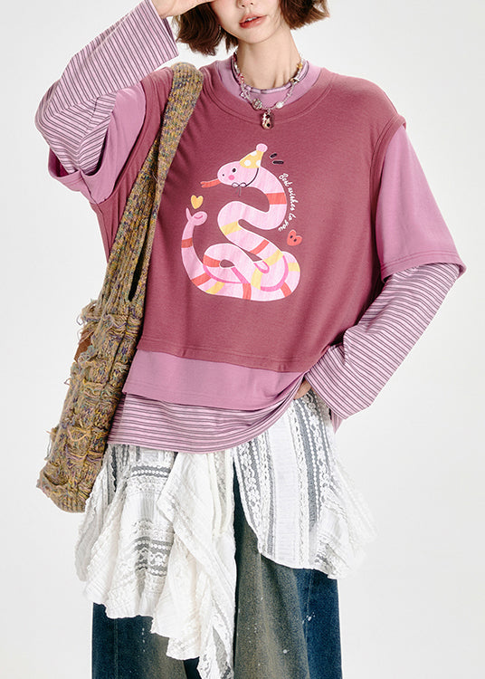 Boho Pink Oversized Patchwork Print Cotton Fake Two Piece Sweatshirts Top Spring