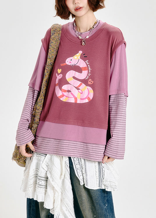 Boho Pink Oversized Patchwork Print Cotton Fake Two Piece Sweatshirts Top Spring