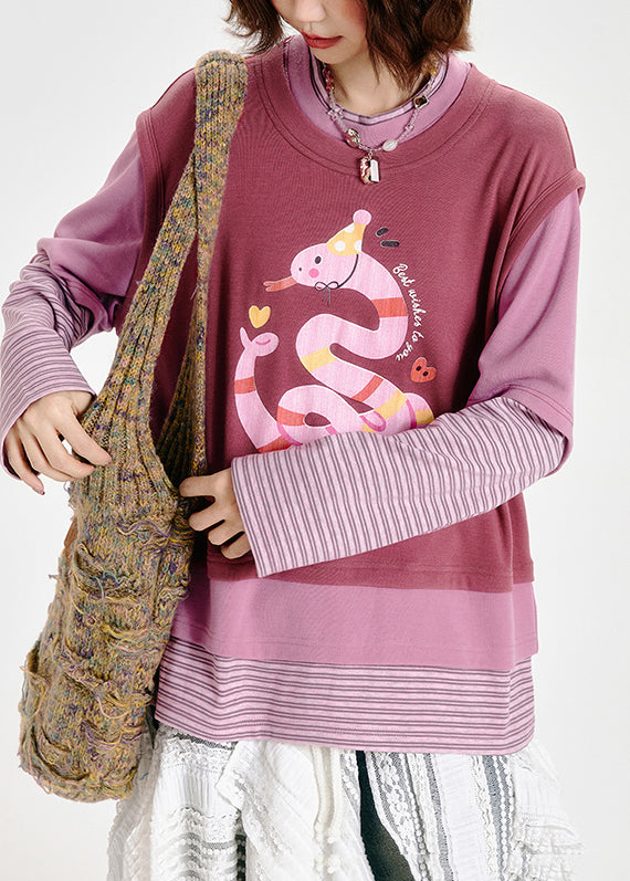 Boho Pink Oversized Patchwork Print Cotton Fake Two Piece Sweatshirts Top Spring