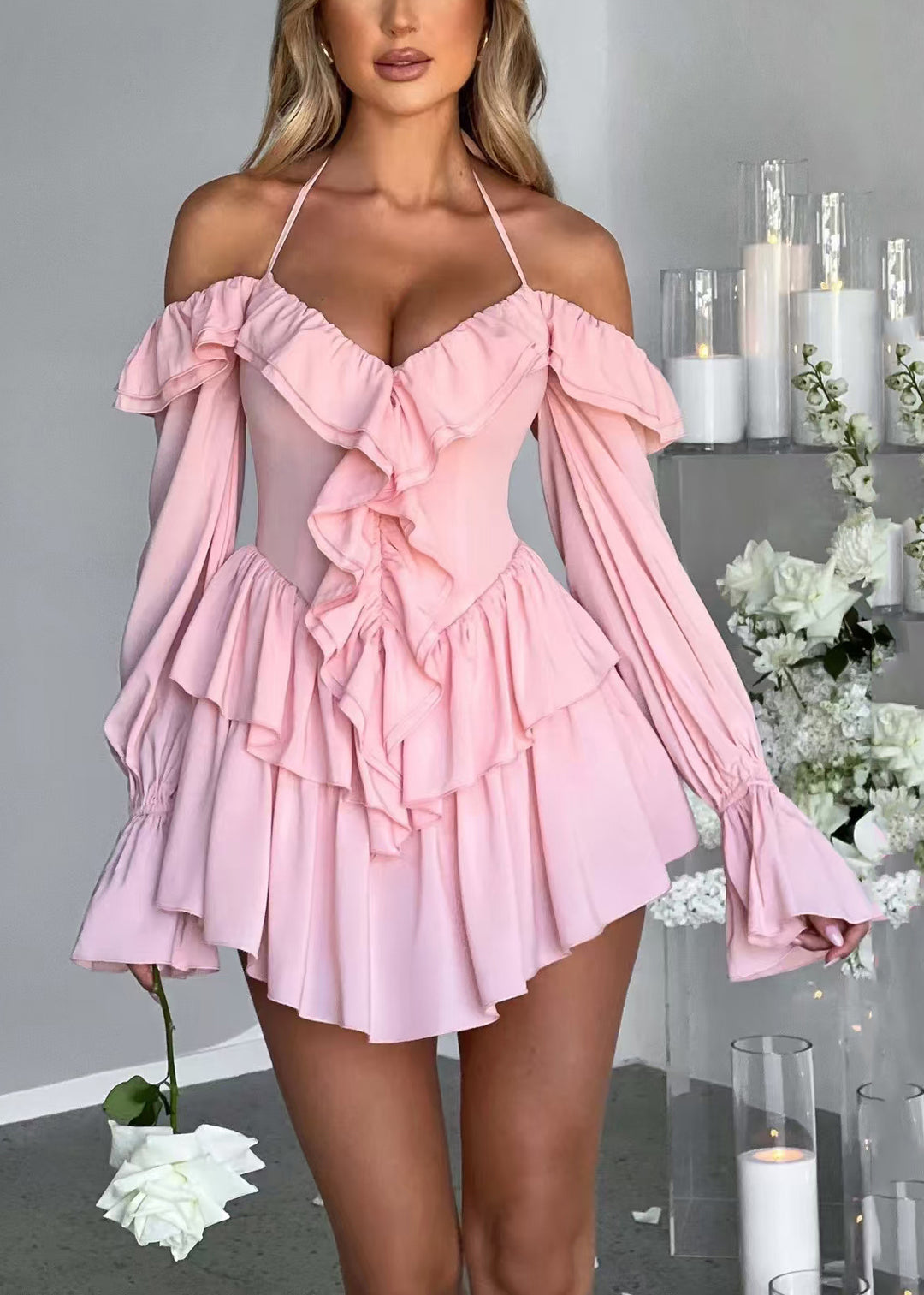 Boho Pink Ruffled Halter Chiffon Vacation Dress Long Sleeve
