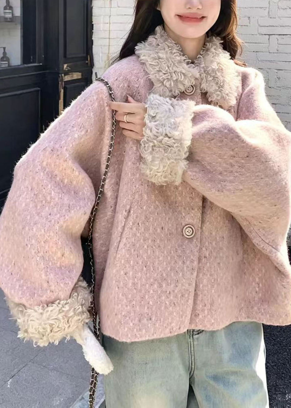 Boho Pink Teddy Faux Fur Patchwork Woolen Cotton Filled Puffer Jacket Winter