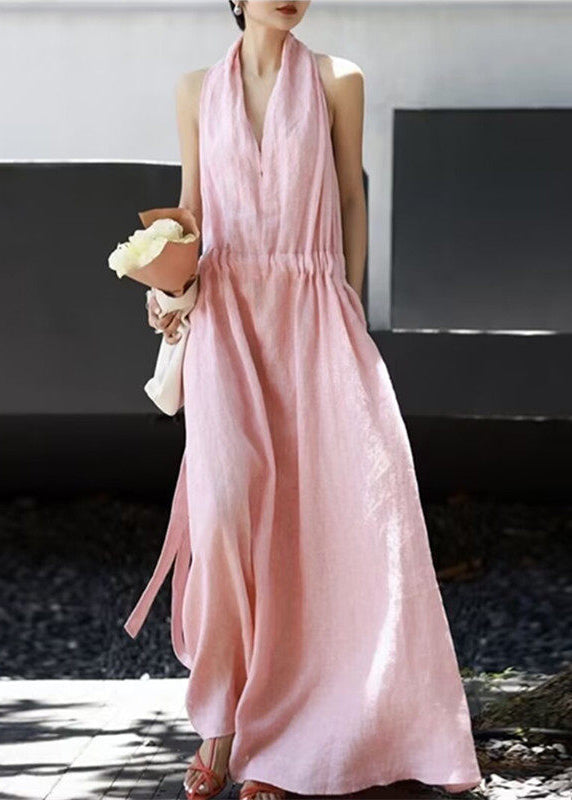 Boho Pink V Neck Drawstring Cotton Robe Dresses Sleeveless