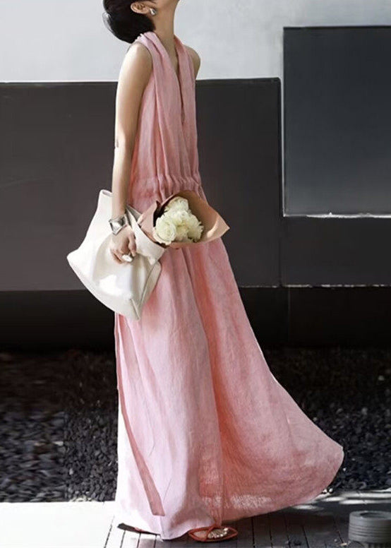 Boho Pink V Neck Drawstring Cotton Robe Dresses Sleeveless