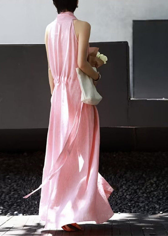 Boho Pink V Neck Drawstring Cotton Robe Dresses Sleeveless