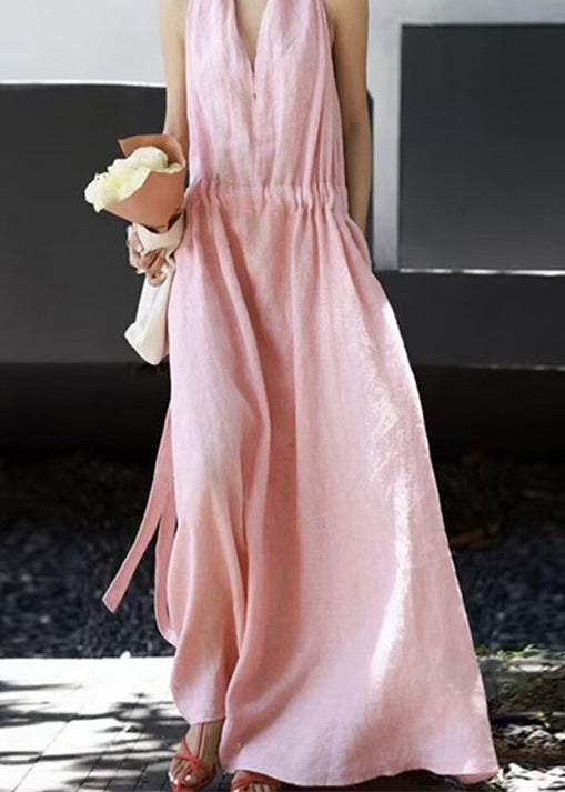 Boho Pink V Neck Drawstring Cotton Robe Dresses Sleeveless