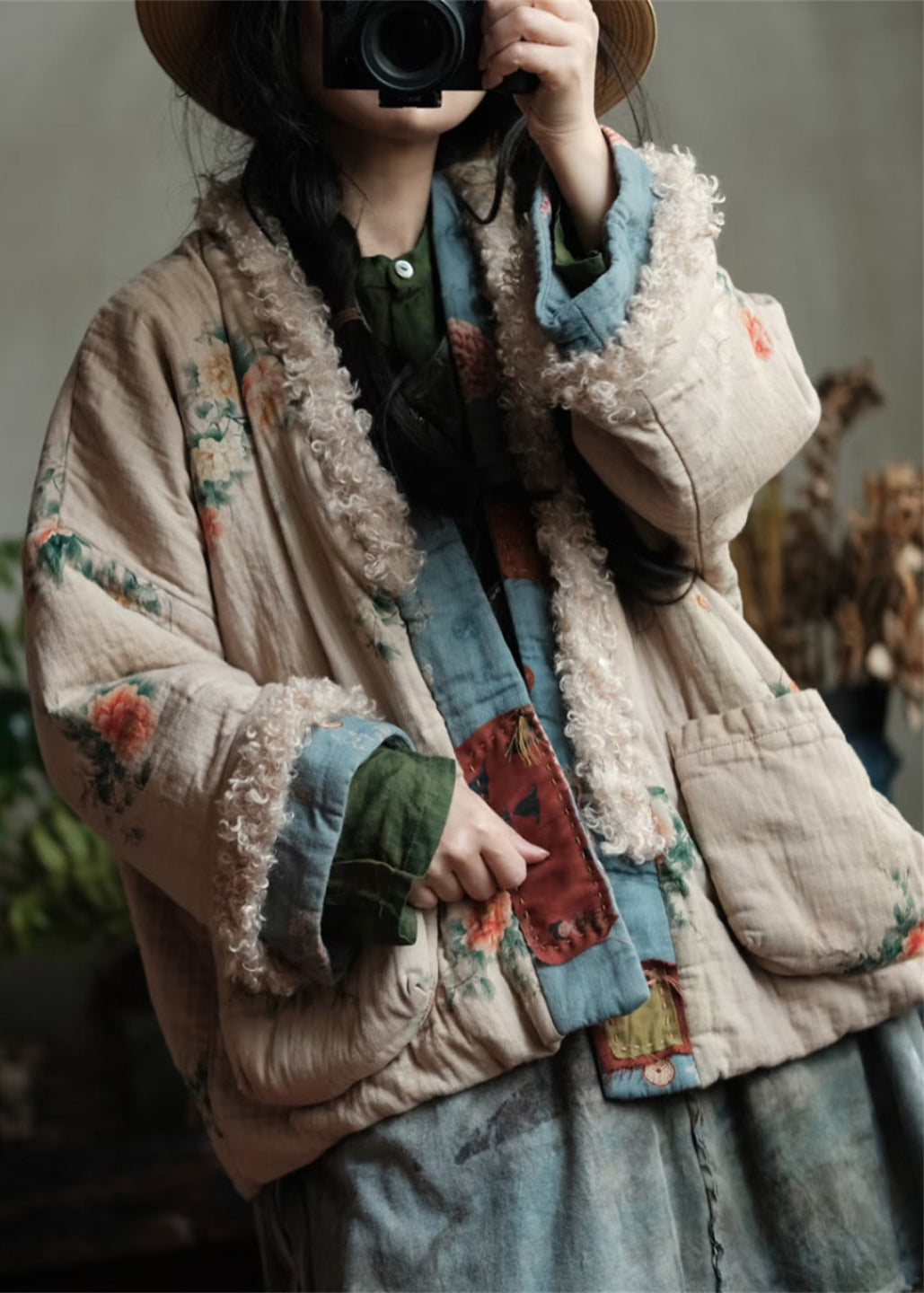 Boho Pockets Print Faux Fur Patchwork Fine Cotton Filled Jacket Winter