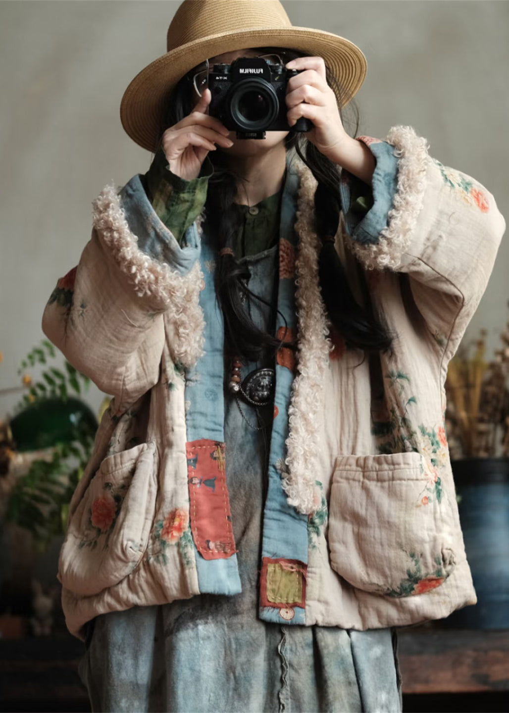 Boho Pockets Print Faux Fur Patchwork Fine Cotton Filled Jacket Winter