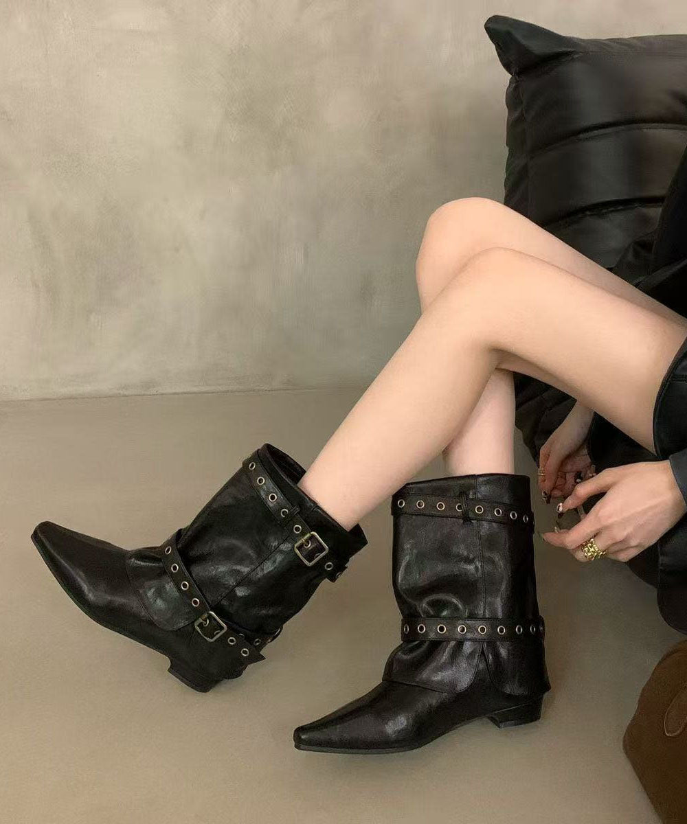 Boho Pointed Toe Wedge Boots Black Faux Leather