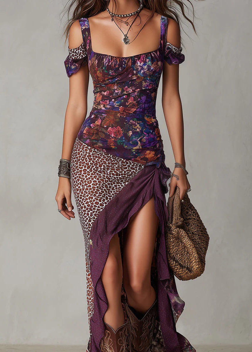 Boho Purple Asymmetrical Print Patchwork Cotton Long Dresses Summer