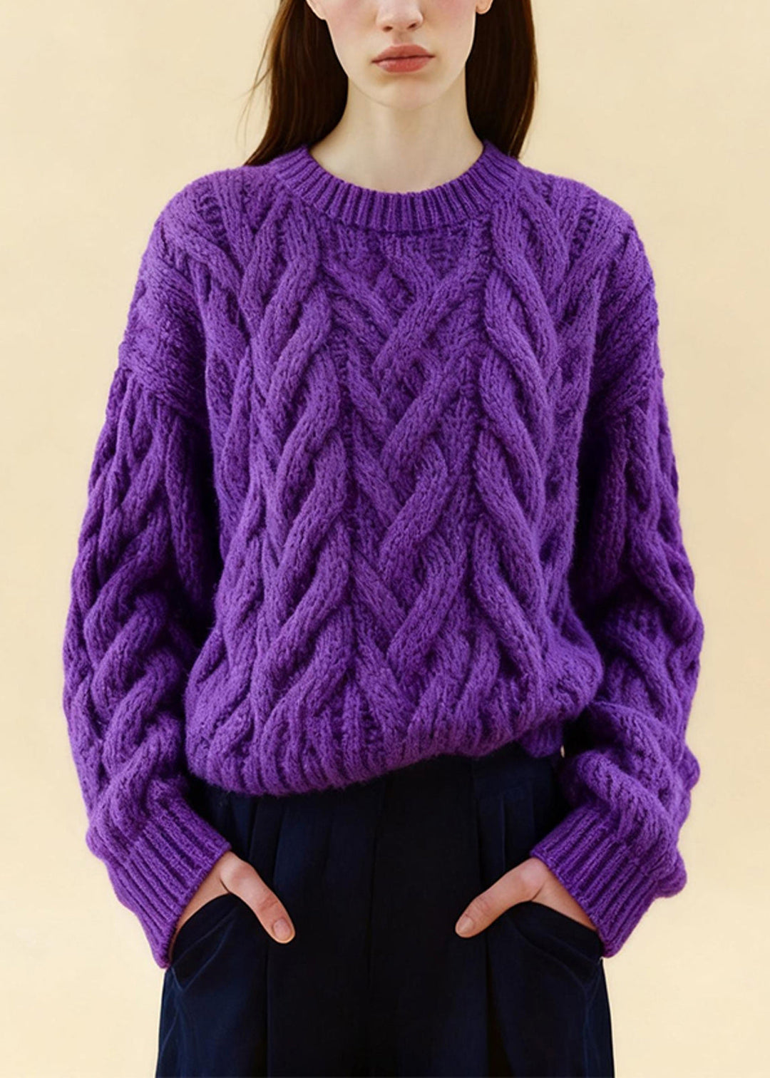 Boho Purple Oversized Cozy Cable Knit Sweaters Winter