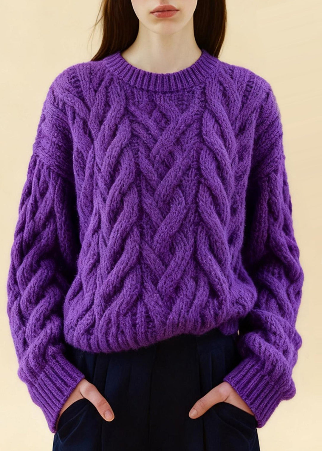 Boho Purple Oversized Cozy Cable Knit Sweaters Winter