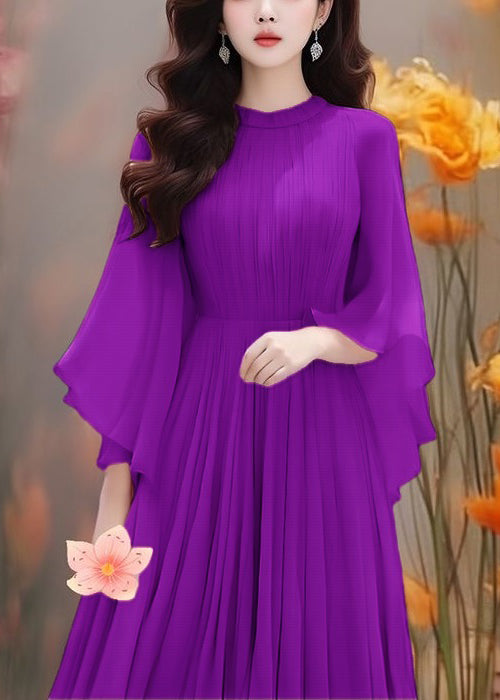 Boho Purple Solid Wrinkled Chiffon Dresses Butterfly Sleeve