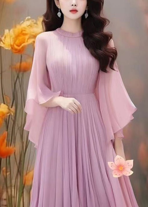 Boho Purple Solid Wrinkled Chiffon Dresses Butterfly Sleeve