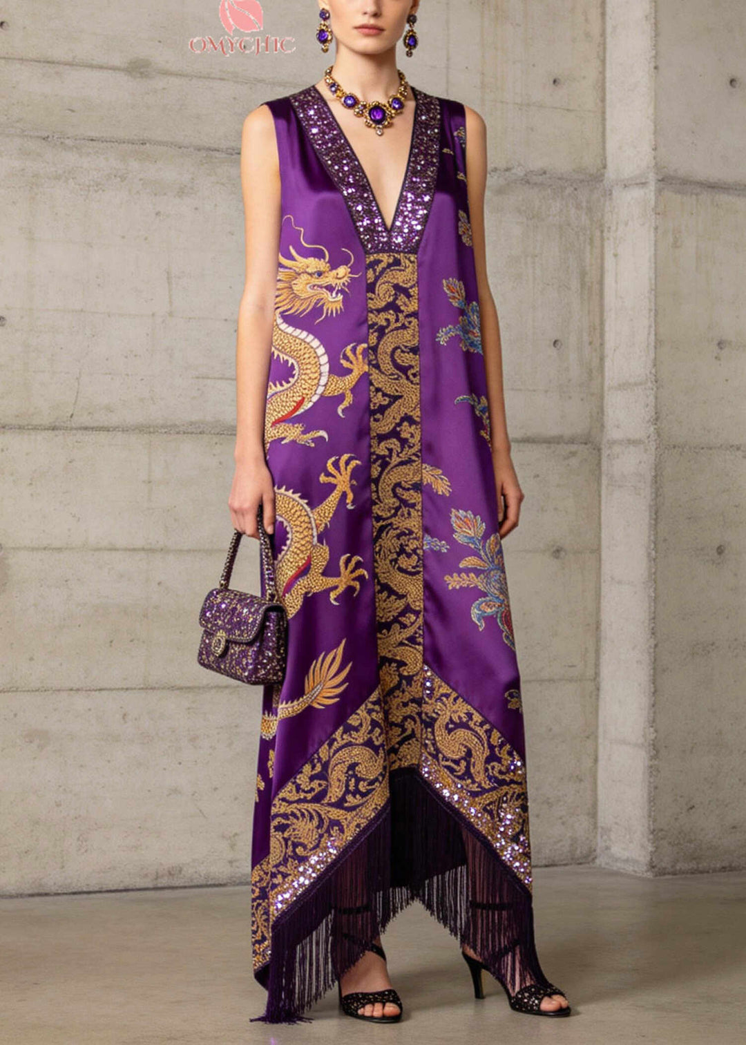 Boho Purple Tasseled Print Silk Robe Dresses Sleeveless