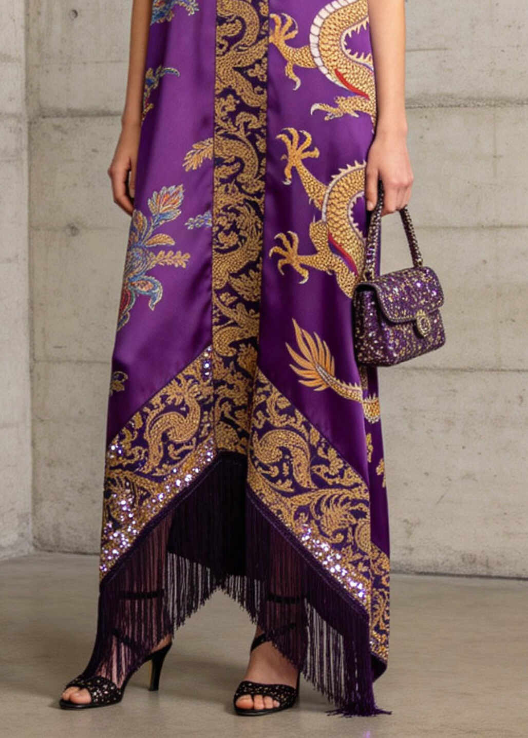 Boho Purple Tasseled Print Silk Robe Dresses Sleeveless