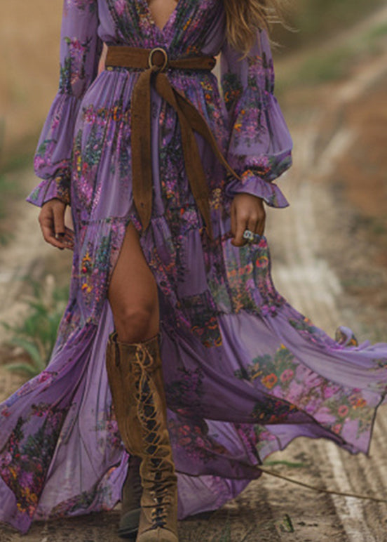 Boho Purple V Neck Print Patchwork Chiffon Holiday Dress Spring