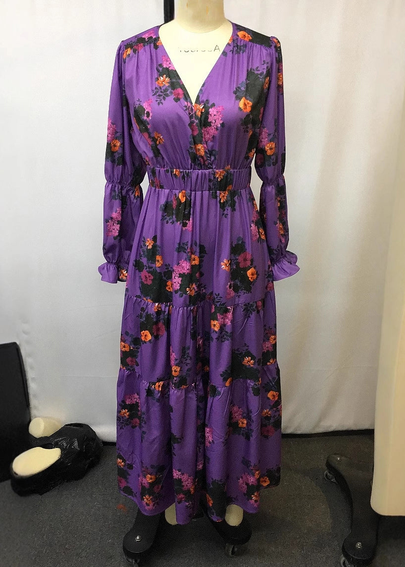 Boho Purple V Neck Print Patchwork Chiffon Holiday Dress Spring
