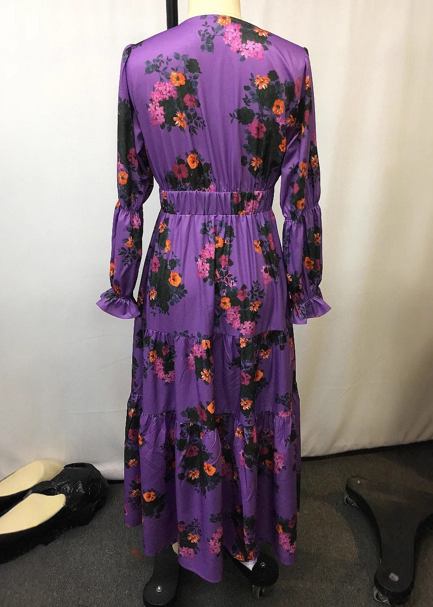 Boho Purple V Neck Print Patchwork Chiffon Holiday Dress Spring