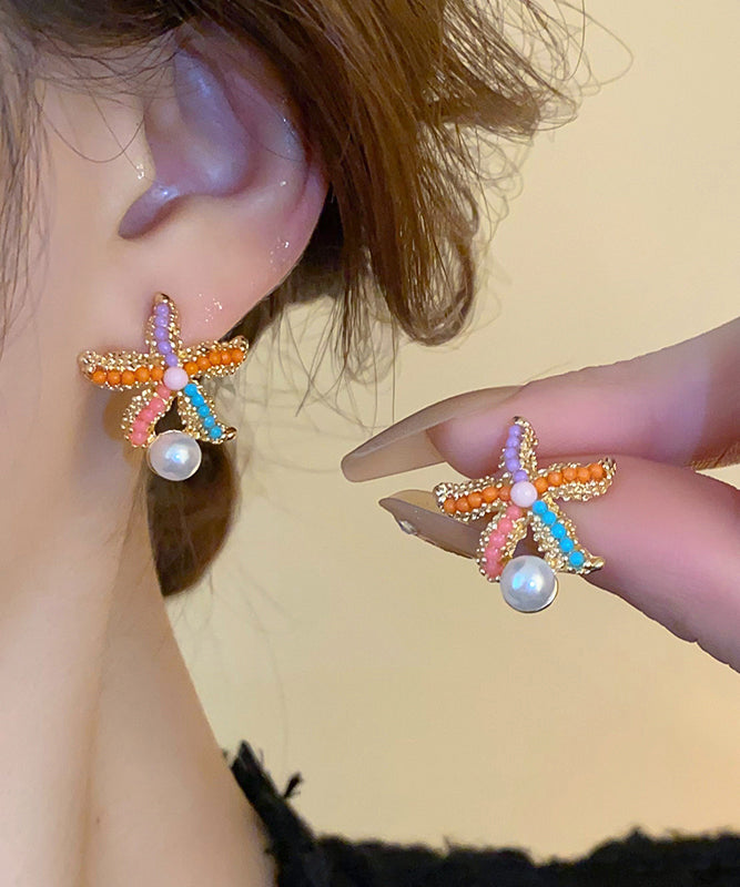 Boho Rainbow Alloy Zircon Pearl Starfish Stud Earrings