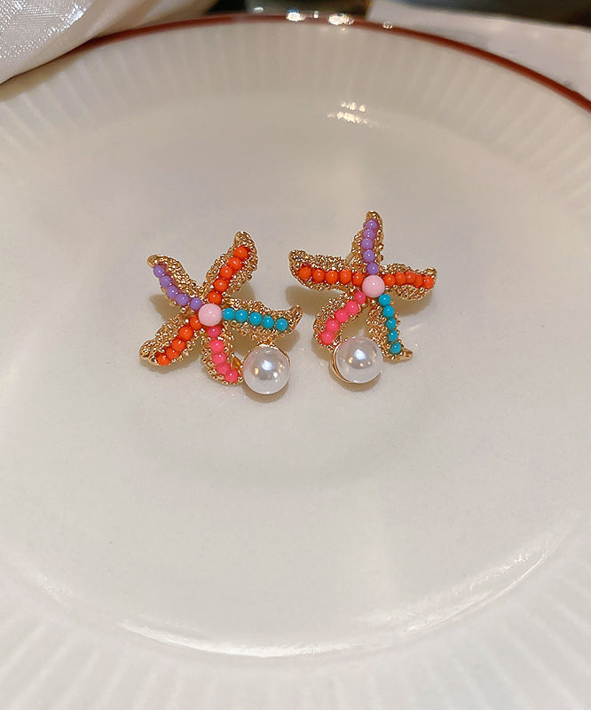 Boho Rainbow Alloy Zircon Pearl Starfish Stud Earrings