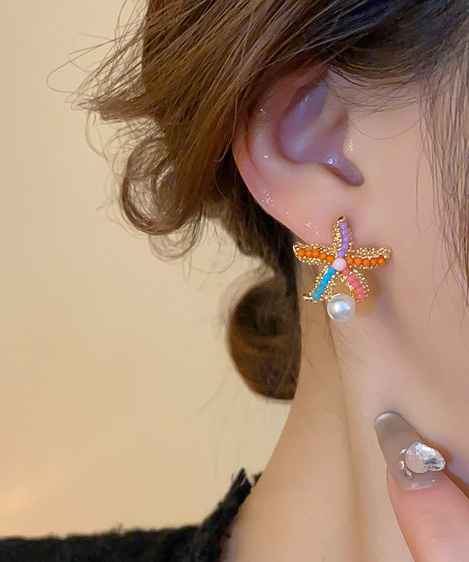 Boho Rainbow Alloy Zircon Pearl Starfish Stud Earrings