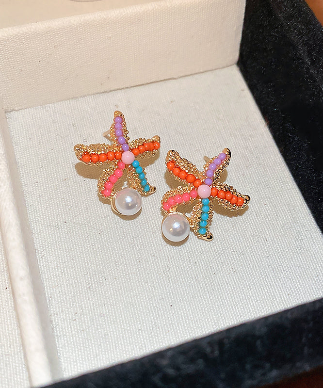 Boho Rainbow Alloy Zircon Pearl Starfish Stud Earrings